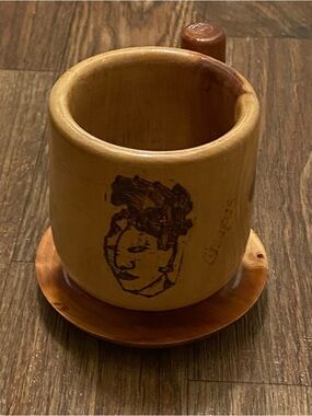 Teak Wood Coffee Cup Mug & Coaster Set Chiapas Mexico Carved Head Face Engraved